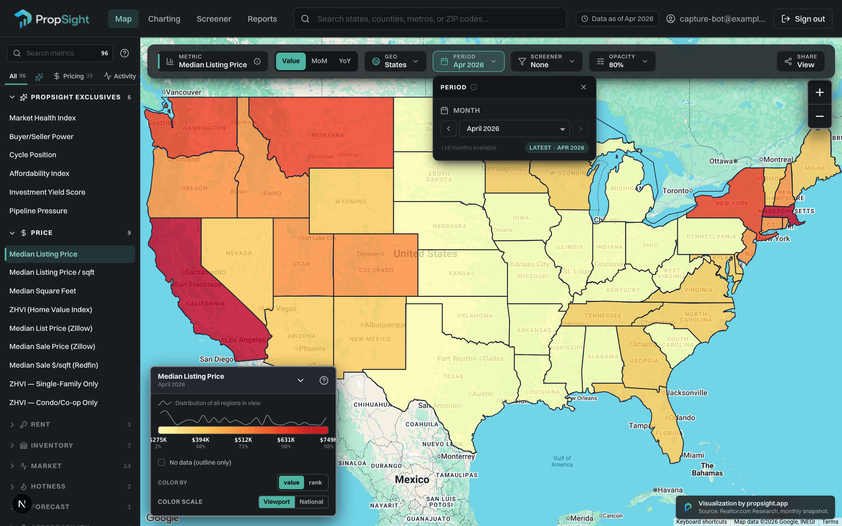 Zooming from a national map down into a single ZIP code while metric values update.