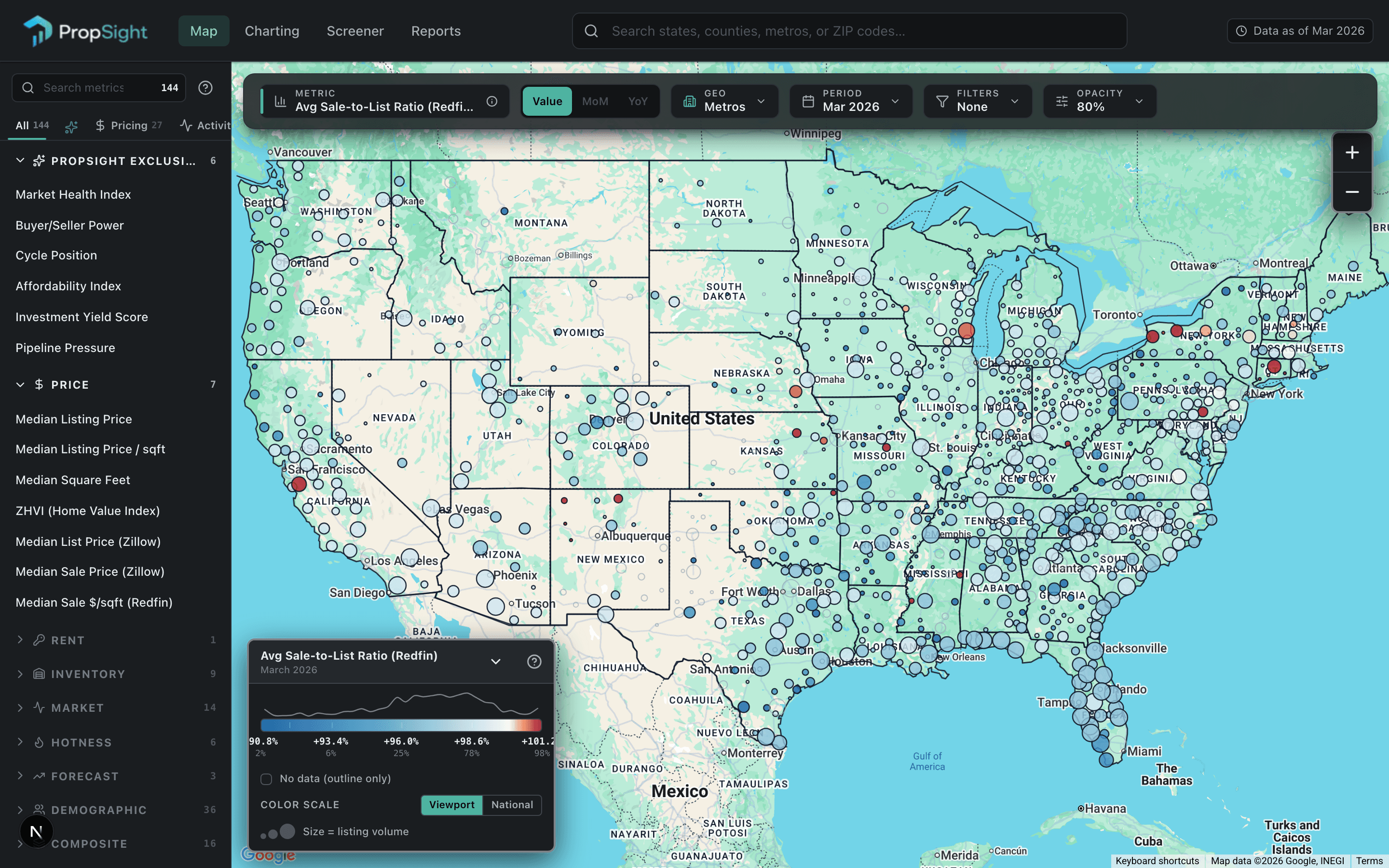 Propsight map showing a national choropleth of US median sale prices with a region detail drawer open.