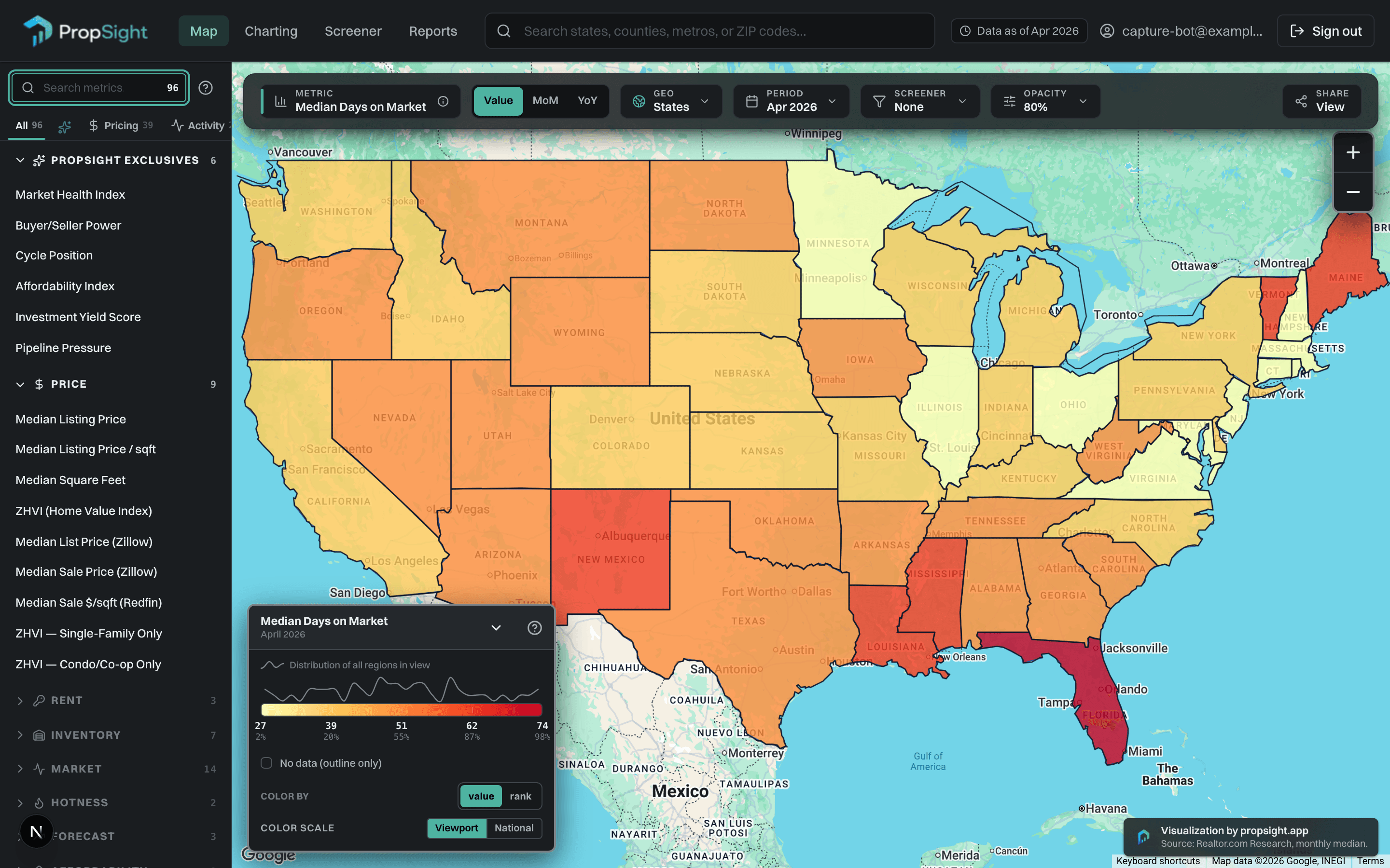 A national choropleth painting every US state by its current housing metric.